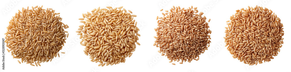 Close up shots of multiple mounds of natural unprocessed brown rice grains in a studio setting Close up shots of multiple mounds of natural unprocessed brown rice grains in a studio setting