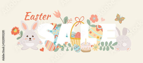 Happy easter sale. Cute little rabbit with easter eggs, flowers on yellow background. Can be add text. Design for banner, poster, postcard. EPS10.