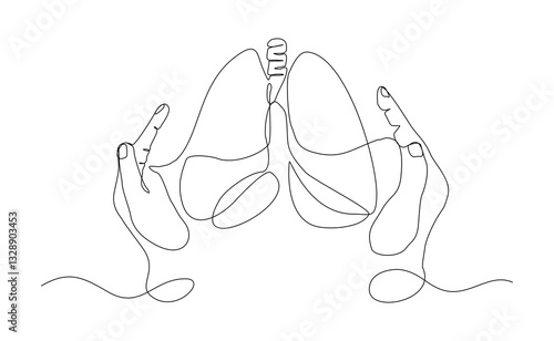 Continuous single line of hand holding to donation charity human lungs organ anatomy cardiology medical concept. Sketch drawing vector illustration editable stroke