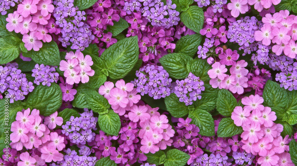 Vibrant pink and purple flowers with lush green leaves create lively garden scene Vibrant pink and purple flowers with lush green leaves create lively garden scene