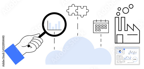 Hand with magnifying glass examines cloud data, linked to factory, calendar, puzzle pieces, and analytics. Ideal for technology, analysis, manufacturing, planning connectivity problem-solving
