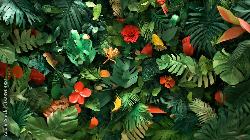 Obraz premium Lush green foliage with vibrant flowers creates tropical paradise