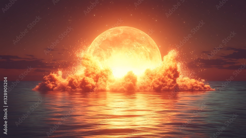 Fiery moonrise over ocean, clouds and stars. Fiery moonrise over ocean, clouds and stars.