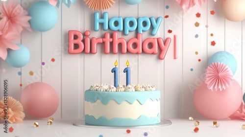 Festive 3D Birthday Celebration Scene with Colorful Decorations and Cake