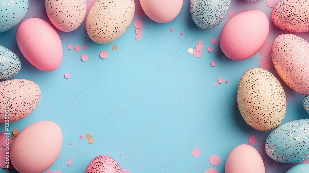 custom made wallpaper toronto digitalA colorful arrangement of decorated Easter eggs on a blue background, surrounded by confetti, creating a festive atmosphere.