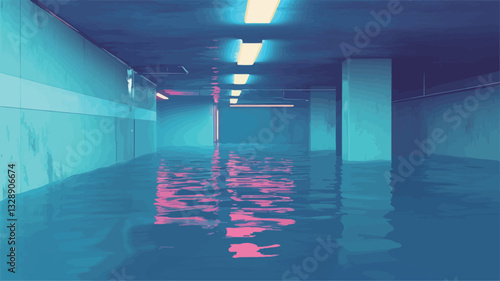 The image depicts a long, narrow underground corridor with a highly reflective, flooded floor.  The walls are light-colored concrete, and the ceiling features long, bright fluorescent lights