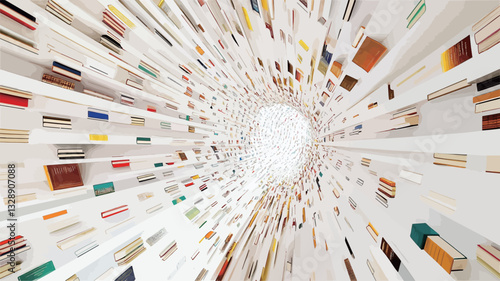 The image shows a digitally manipulated or rendered image of a spiraling bookshelf. The books are various colors, arranged tightly on white shelves. The perspective is from within the tunnel