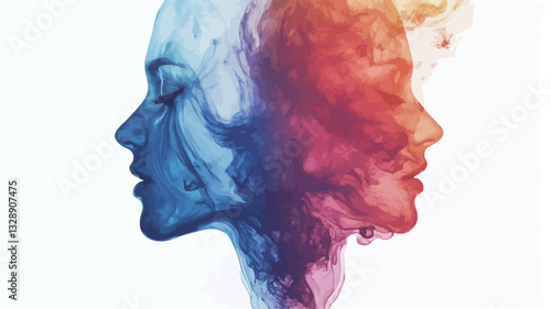 The image showcases a double exposure effect, depicting two human profiles facing opposite directions. The profiles are rendered in a painterly style using vibrant, multicolored smoke or paint,