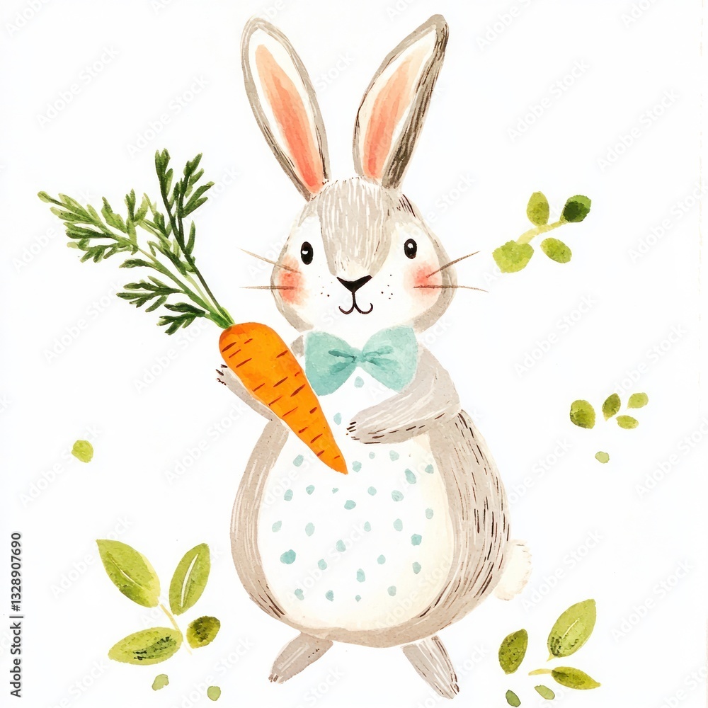 Fototapeta premium Adorable Watercolor Bunny Rabbit Holding a Carrot Easter Spring Illustration Cute Animal Art
