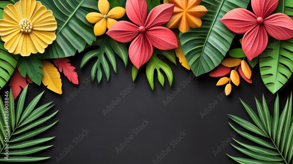 Obraz premium Colorful flowers and leaves create vibrant tropical background