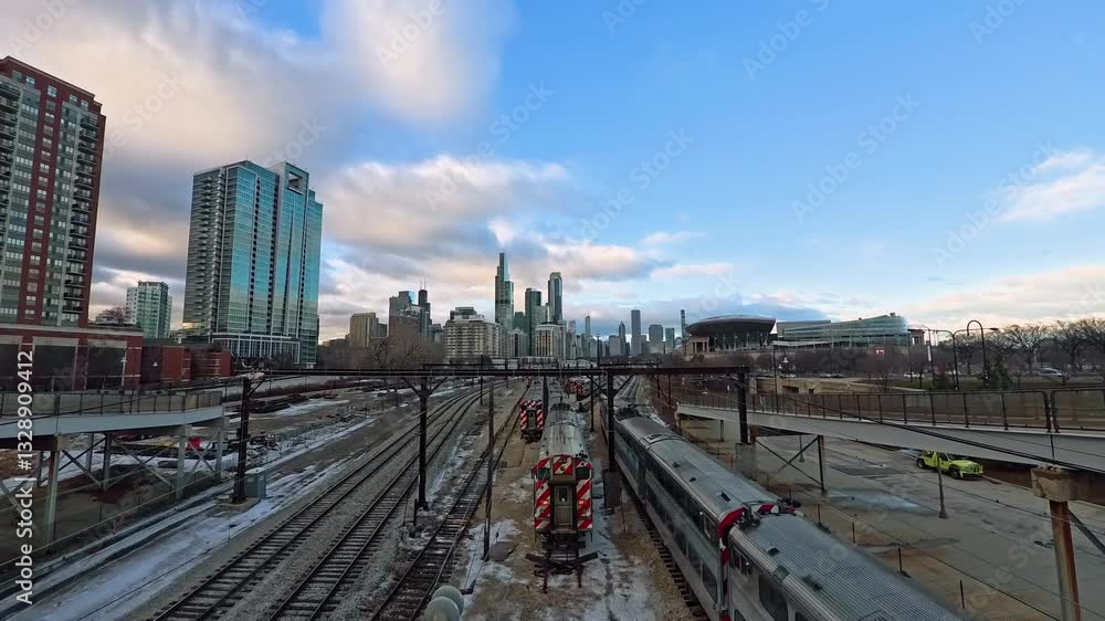 Train passing the Metra Electric District Railyard in Chicago, sunset in USA Train passing the Metra Electric District Railyard in Chicago, sunset in USA