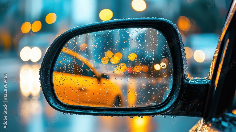 City Skyline Reflection in Car Mirror at Dusk – Vibrant Urban Scene City Skyline Reflection in Car Mirror at Dusk – Vibrant Urban Scene