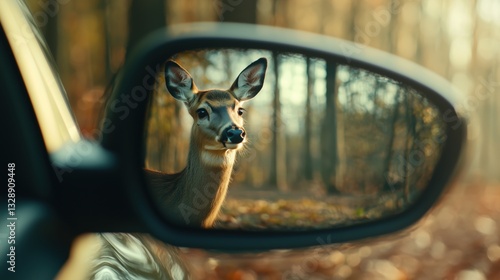 Deer Reflection in Car Mirror: Autumn Forest Harmony