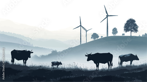 The image depicts a minimalist landscape in shades of blue.  Four silhouetted cattle stand in a misty field in the foreground. Three wind turbines are visible on a slightly elevated hill in the