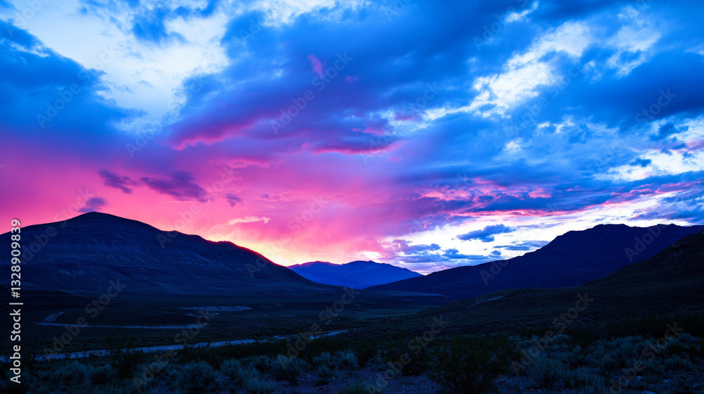 Obraz premium Vibrant sunset over mountains with dramatic clouds and colorful sky