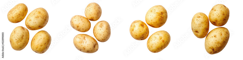Variety of freshly harvested organic potatoes in an arranged group display Variety of freshly harvested organic potatoes in an arranged group display