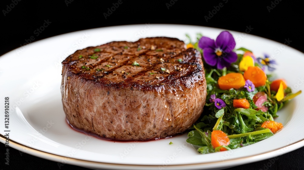 Artfully plated steak with a golden brown crust and fresh salad garnish Artfully plated steak with a golden brown crust and fresh salad garnish