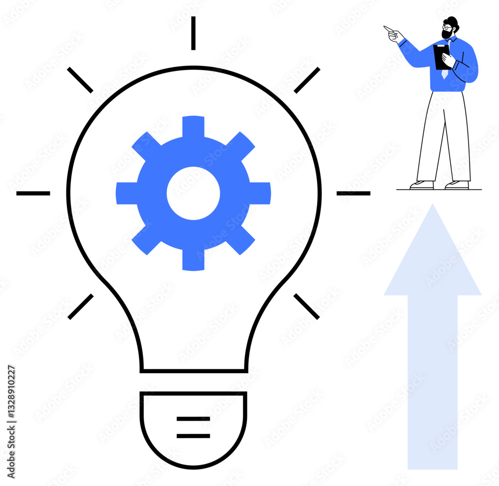 Man presenting innovative idea with a gear inside a light bulb and an arrow indicating growth. Ideal for strategy, planning, creativity, leadership, business, innovation, growth. Flat simple metaphor Man presenting innovative idea with a gear inside a light bulb and an arrow indicating growth. Ideal for strategy, planning, creativity, leadership, business, innovation, growth. Flat simple metaphor