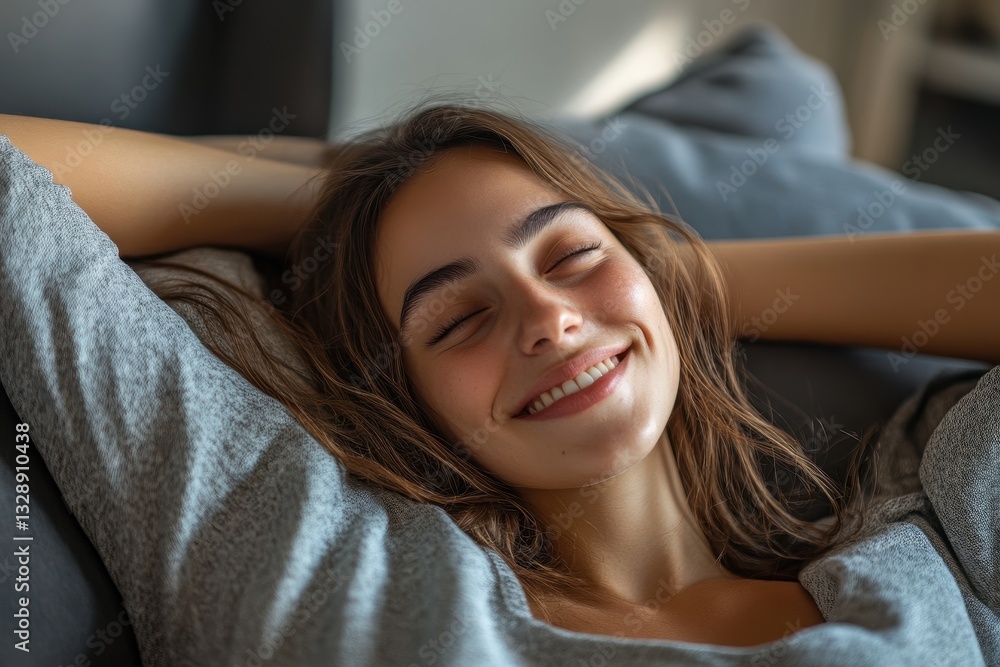 Joyful woman enjoys her time off, unwinding on the sofa and soaking in positive vibes Joyful woman enjoys her time off, unwinding on the sofa and soaking in positive vibes