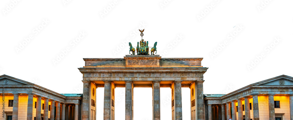 Panorama of Brandenburg gate illuminated at sunset, Berlin, Germany. Isolated on white or transparent background, png cut out