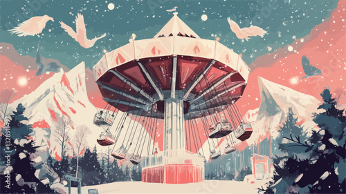Digital illustration depicting a carousel situated in a snowy mountainous landscape. The carousel is centrally positioned, with a conical roof and multiple hanging seats.  Birds are depicted flying