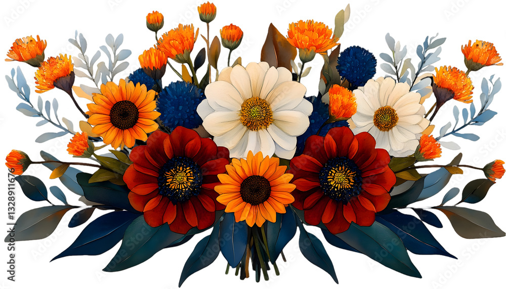 Floral Bouquet with Orange Red White and Blue Flowers with Green Leaves on Transparent Background in Watercolor Style for Decoration Floral Bouquet with Orange Red White and Blue Flowers with Green Leaves on Transparent Background in Watercolor Style for Decoration