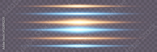 Set of blue and yellow lines with glitter effect. Neon Flashes and Glare. Laser beams, horizontal light beams. Vector.