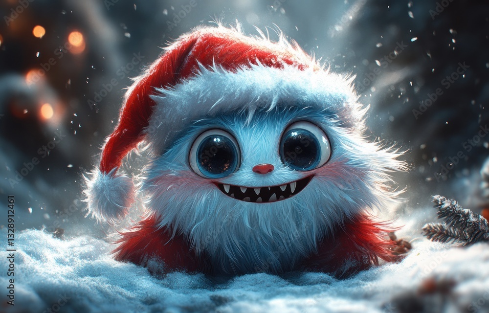 Whimsical Creepy Furry Creature in Christmas Santa Hat with Snowy Background Whimsical Creepy Furry Creature in Christmas Santa Hat with Snowy Background