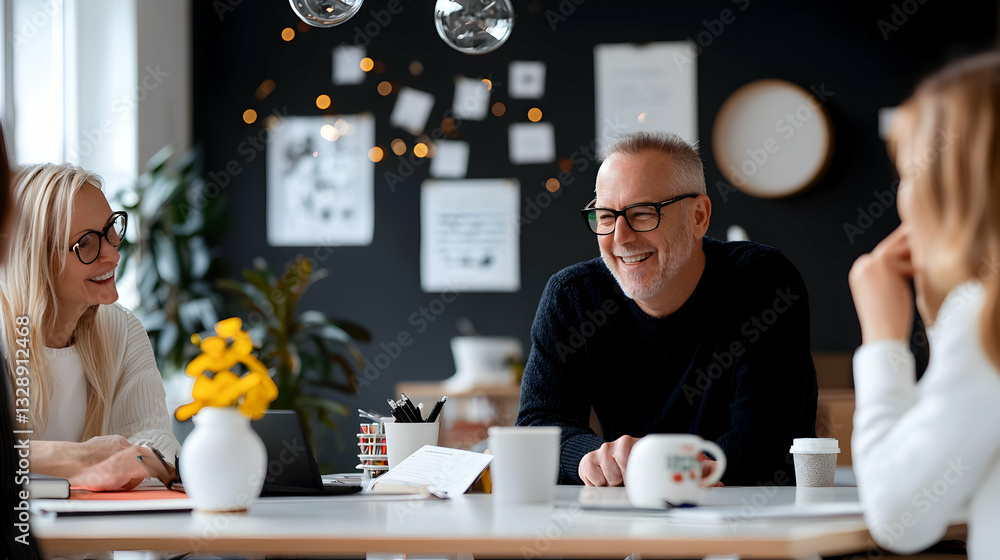 A cheerful office meeting shows colleagues smiling and discussing ideas