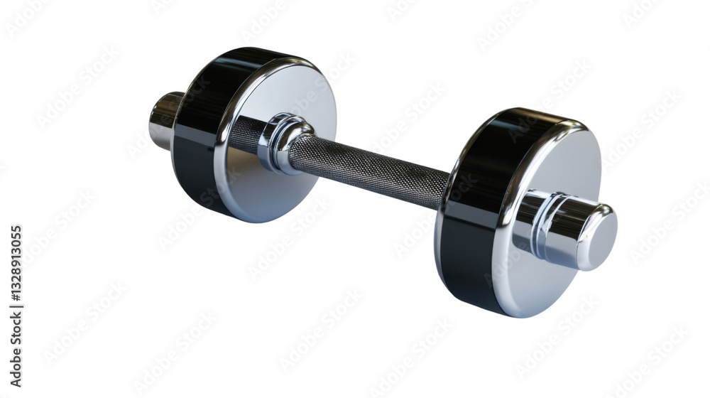 A shiny chrome dumbbell with a smooth, polished surface and black rubberized weight plates, isolated on a transparent background. A shiny chrome dumbbell with a smooth, polished surface and black rubberized weight plates, isolated on a transparent background.