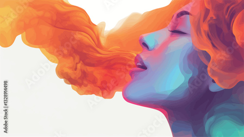 Digital illustration of a woman's profile, her face illuminated in shades of blue and teal, exhaling a stream of vibrant orange smoke. The smoke has a fluid, dynamic form with swirling patterns.