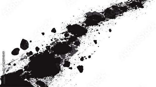 The image showcases a high-contrast composition featuring black ink splashes and splatters of varying sizes and densities against a pure white background. The splashes are irregularly shaped and