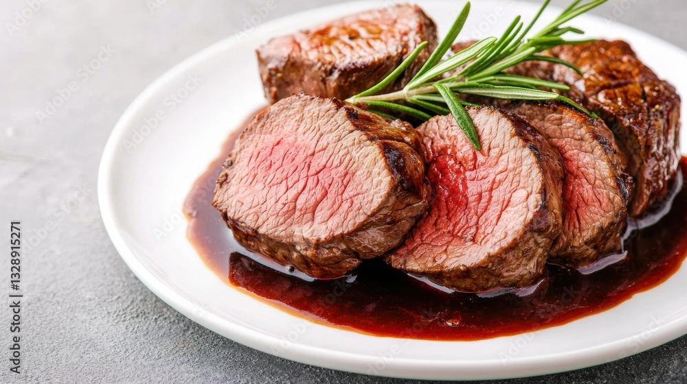 Sliced roasted beef steak with a rich red sauce Sliced roasted beef steak with a rich red sauce