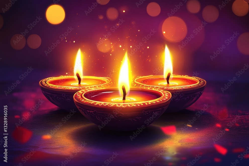 Diwali festival of lights illustrated with glowing Diya lamps lighting up the dark night Diwali festival of lights illustrated with glowing Diya lamps lighting up the dark night