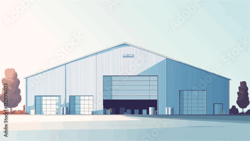 The image depicts a stylized illustration of a large, modern industrial building. The building is predominantly light gray/blue, with a simple, gabled roof.  Large roll-up doors are visible on the