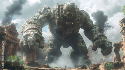 Monumental Earth Golem: A colossal, stony golem looms large, dominating the scene with its immense size and ancient, weathered texture. Dwarfed, a small figure stands.