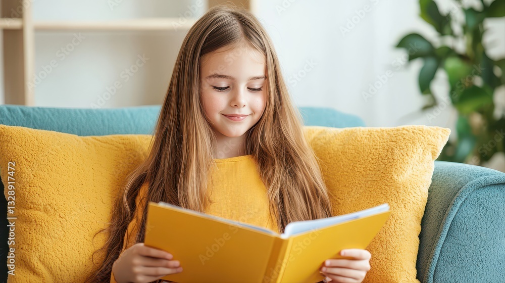 Stylish teenage girl relaxing while reading a fashion magazine in a cozy setting surrounded by soft lighting and comfort Stylish teenage girl relaxing while reading a fashion magazine in a cozy setting surrounded by soft lighting and comfort
