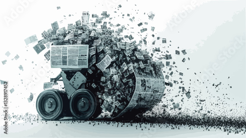 The image shows a stylized rendering of a machine seemingly crushing and fragmenting data represented by small, paper-like shapes. The machine is dark grey and has large wheels. The fragmented data