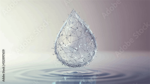 A digitally rendered image depicts a single, large water droplet in the center. The droplet is abstractly rendered, appearing as a translucent, crystalline structure, with a textured surface made