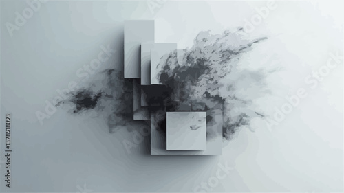 The image presents an abstract composition featuring various shades of grey.  The central focus is a dark grey, ink-like explosion or splash against a lighter grey background.  Several rectangular,