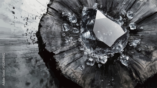 High-angle, close-up shot of a cross-section of a charred wood slice.  The wood shows significant charring and textural detail.  Several ice cubes are scattered on the surface of the wood. The