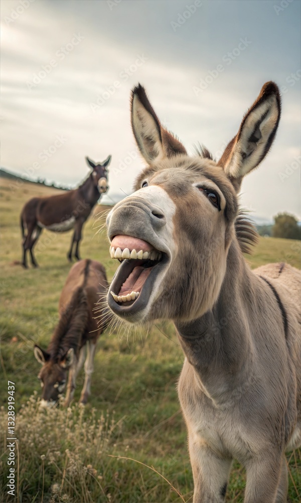 Funny laughing donkey, showing teeth with a couple of donkeys in the background. Funny laughing donkey, showing teeth with a couple of donkeys in the background.