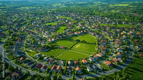 Drone view of a suburban area with undeveloped land, housing development concept. Searching vacant land for development