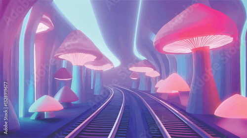 A digital 3D rendering depicting a tunnel-like environment lined with large, stylized mushrooms emitting neon-like glows in shades of pink, purple, and blue.  A set of train tracks runs down the