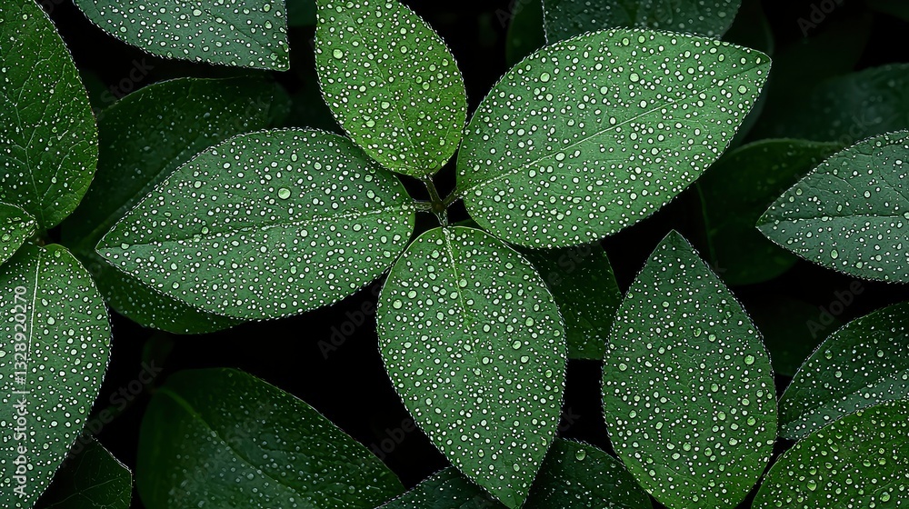 Fototapeta premium Close-up of lush green leaves covered in dew drops, showcasing vibrant texture and natural beauty.