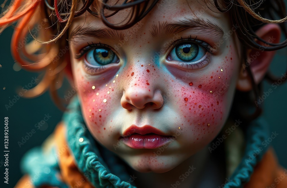 Expressive portrait of a child with vibrant eyes and colorful features Expressive portrait of a child with vibrant eyes and colorful features