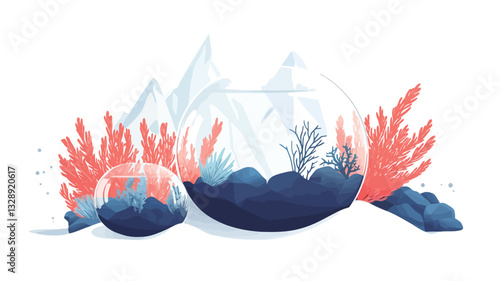 A digital illustration depicting a stylized underwater mountain range enclosed within a transparent glass orb.  The mountains are rendered in shades of blue and white, contrasting with bright