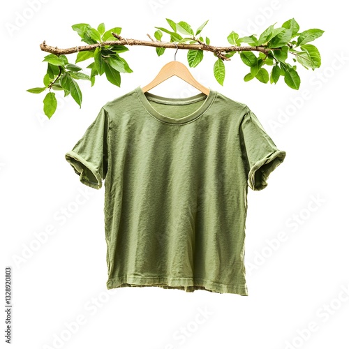 Bright green t-shirt hanging on a tree branch for a campaign promoting eco-friendly clothing and sustainable fashion practices
