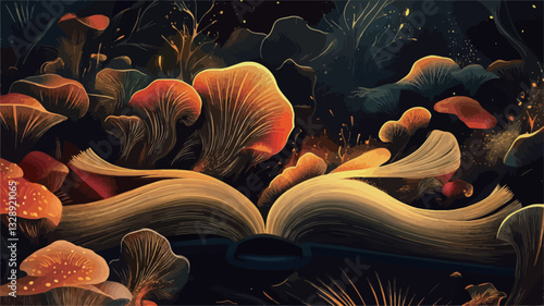 Digital illustration depicting an open book nestled amongst a profusion of luminous mushrooms. The mushrooms are various shades of orange and brown, with some exhibiting a bioluminescent quality.