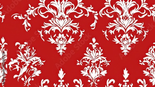 Elegant White Floral Damask Pattern on Vibrant Red Background photo